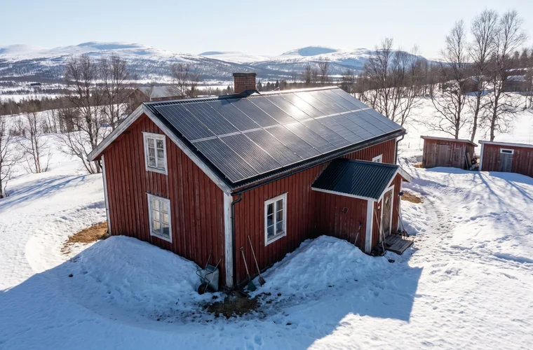 Hus i Jämtland med solceller på taket, snötäckt mark och fjäll i bakgrunden